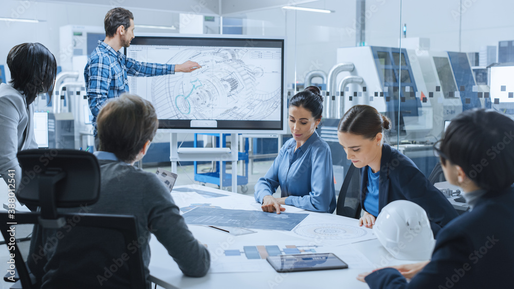 Modern Factory Office Meeting Room: Busy Diverse Team of Engineers, Managers and Investors Talking a