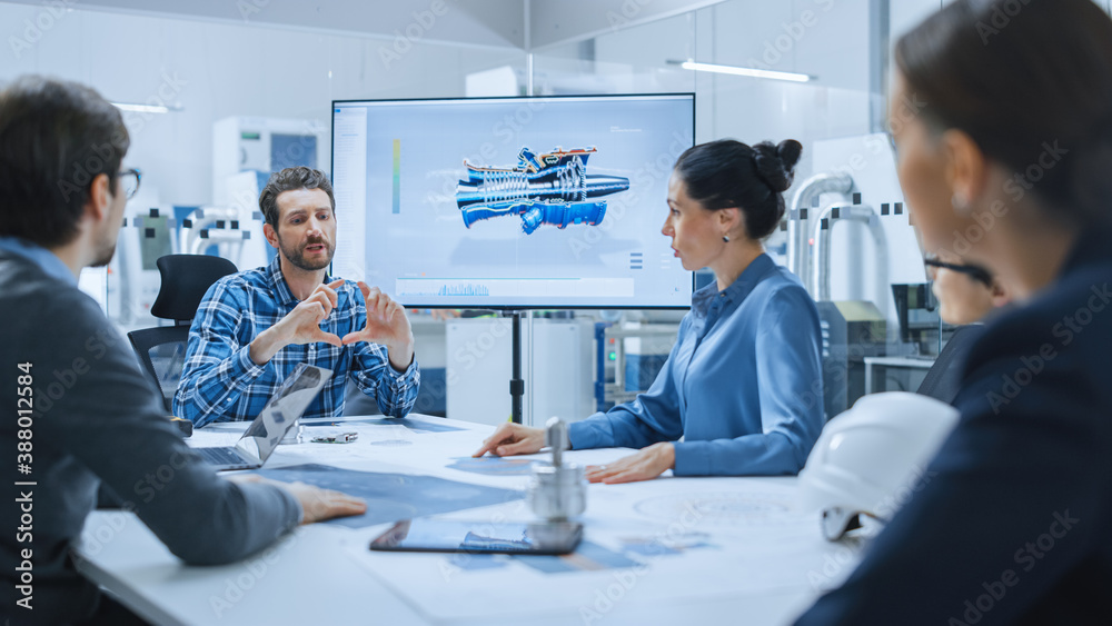 Modern Factory Office Meeting Room: Diverse Team of Engineers, Managers and Investors Talking at Con