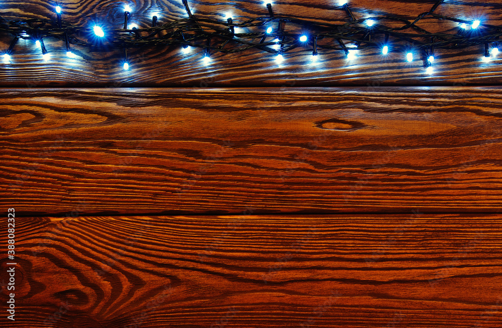 Christmas  background - vintage planked wood with lights