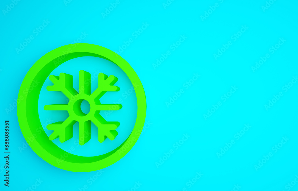 Green Snowflake icon isolated on blue background. Minimalism concept. 3d illustration 3D render.