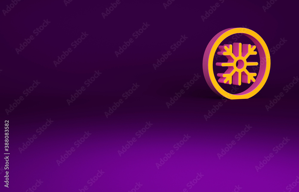 Orange Snowflake icon isolated on purple background. Minimalism concept. 3d illustration 3D render.