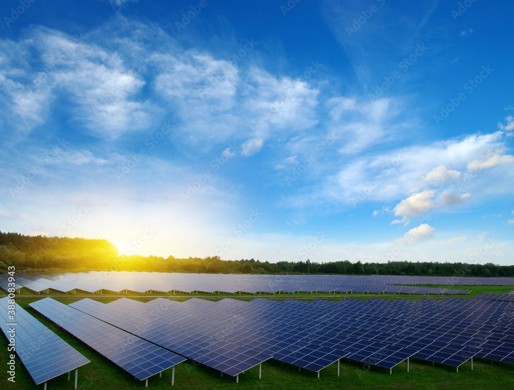 Solar panel on green field and blue sky.