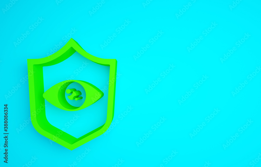 Green Shield eye scan icon isolated on blue background. Scanning eye. Security check symbol. Cyber e