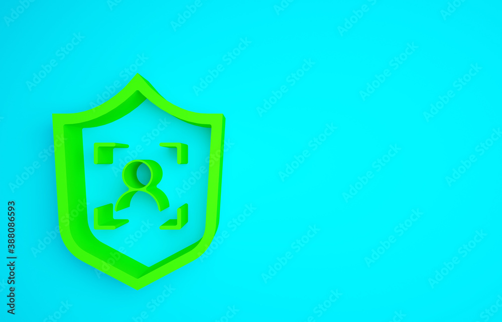 Green Shield face recognition icon isolated on blue background. Face identification scanner icon. Fa