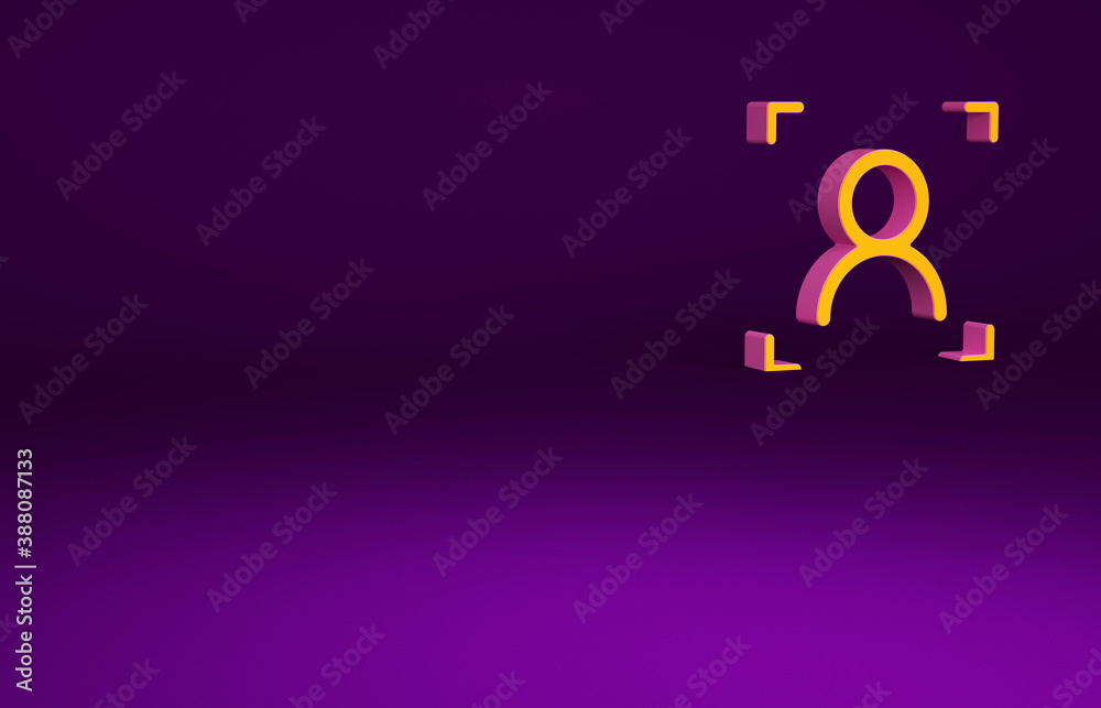 Orange Face recognition icon isolated on purple background. Face identification scanner icon. Facial