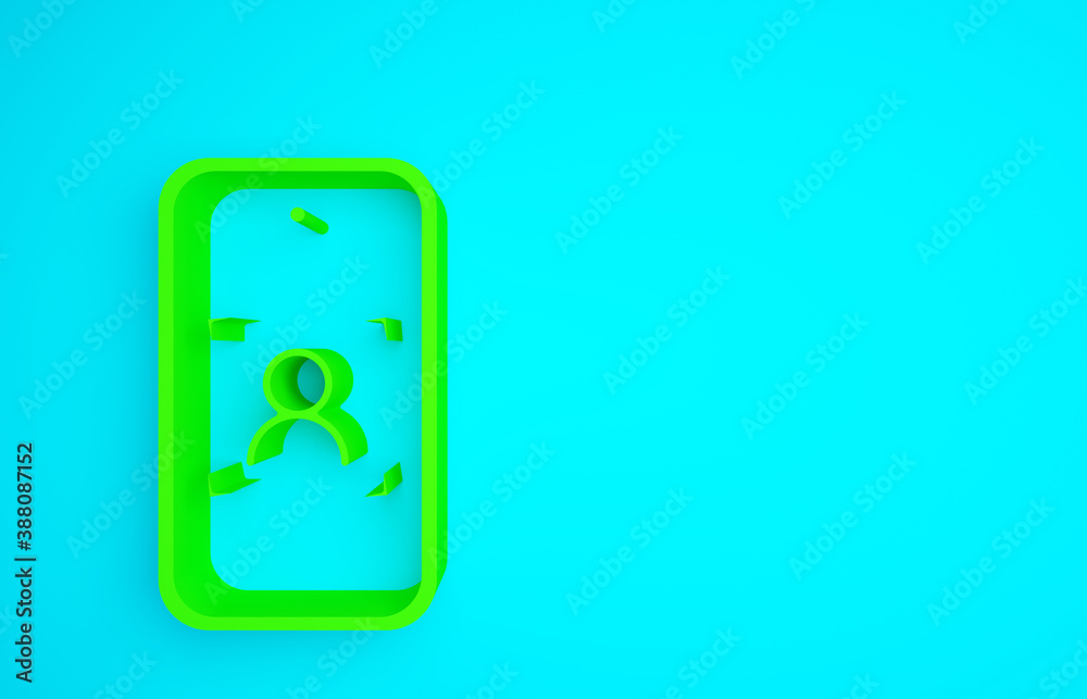 Green Mobile phone and face recognition icon isolated on blue background. Face identification scanne