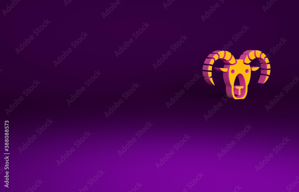 Orange Head of goat or ram icon isolated on purple background. Mountain sheep. Animal symbol. Minima