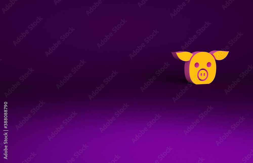 Orange Pig icon isolated on purple background. Animal symbol. Minimalism concept. 3d illustration 3D