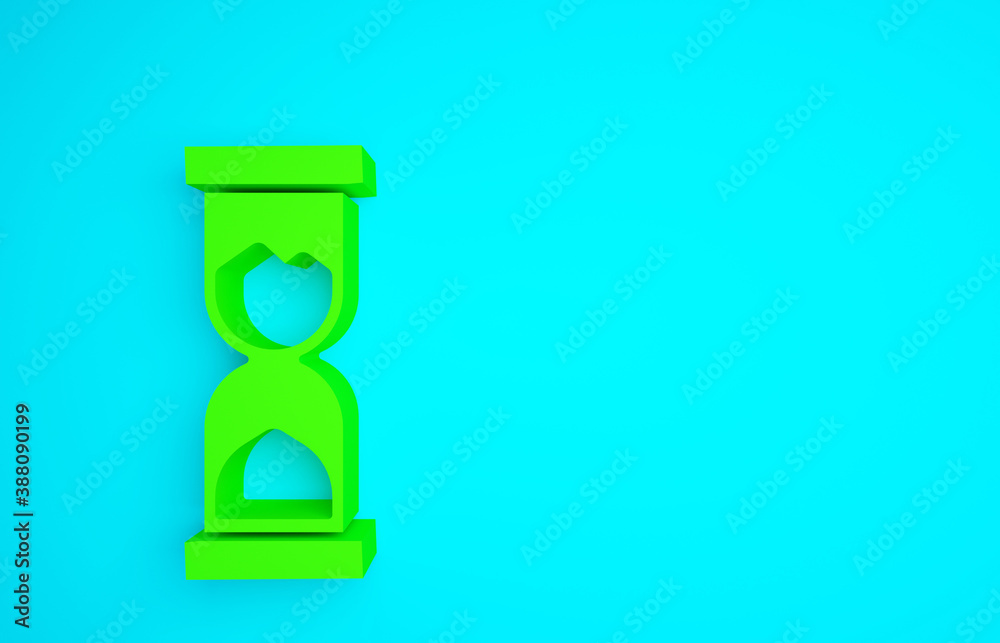 Green Old hourglass with flowing sand icon isolated on blue background. Sand clock sign. Business an