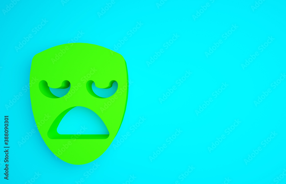 Green Drama theatrical mask icon isolated on blue background. Minimalism concept. 3d illustration 3D