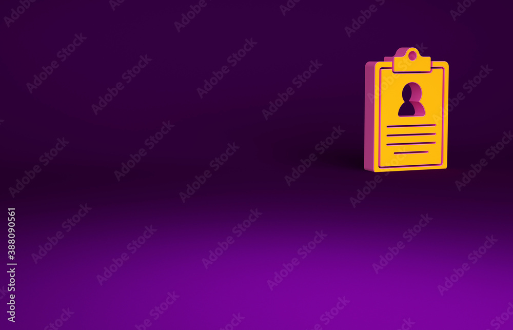 Orange Medical clipboard with clinical record icon isolated on purple background. Prescription, medi