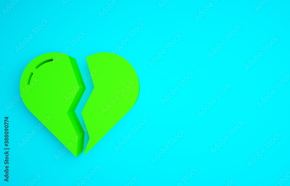 Green Broken heart or divorce icon isolated on blue background. Love symbol. Valentines day. Minimal