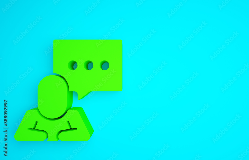 Green Speech bubble chat icon isolated on blue background. Message icon. Communication or comment ch