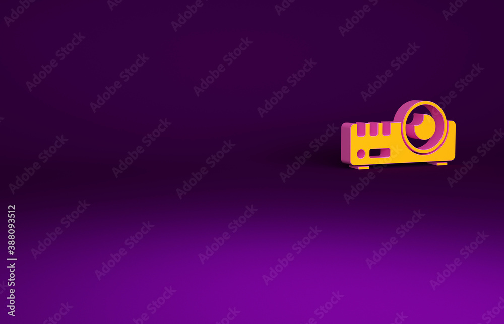 Orange Presentation, movie, film, media projector icon isolated on purple background. Minimalism con