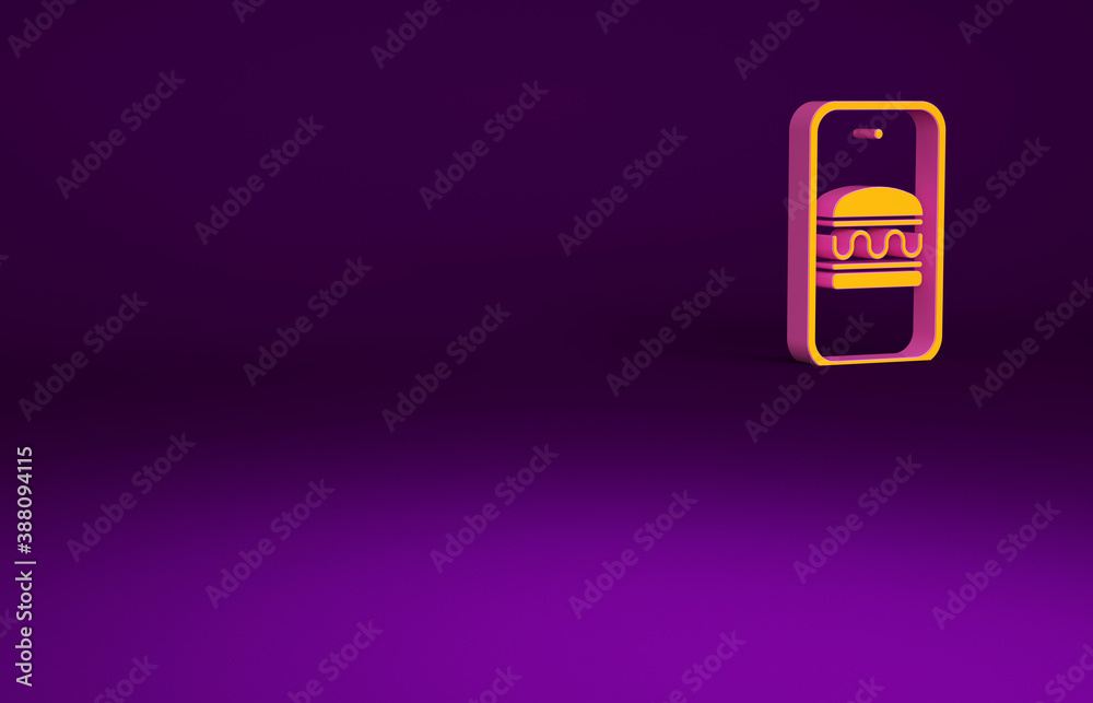 Orange Online ordering and fast food delivery icon isolated on purple background. Burger sign. Minim