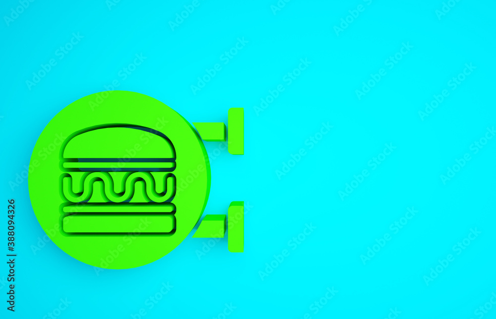 Green Online ordering and burger delivery icon isolated on blue background. Minimalism concept. 3d i