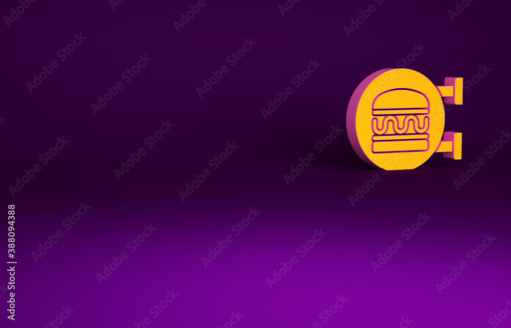 Orange Online ordering and burger delivery icon isolated on purple background. Minimalism concept. 3