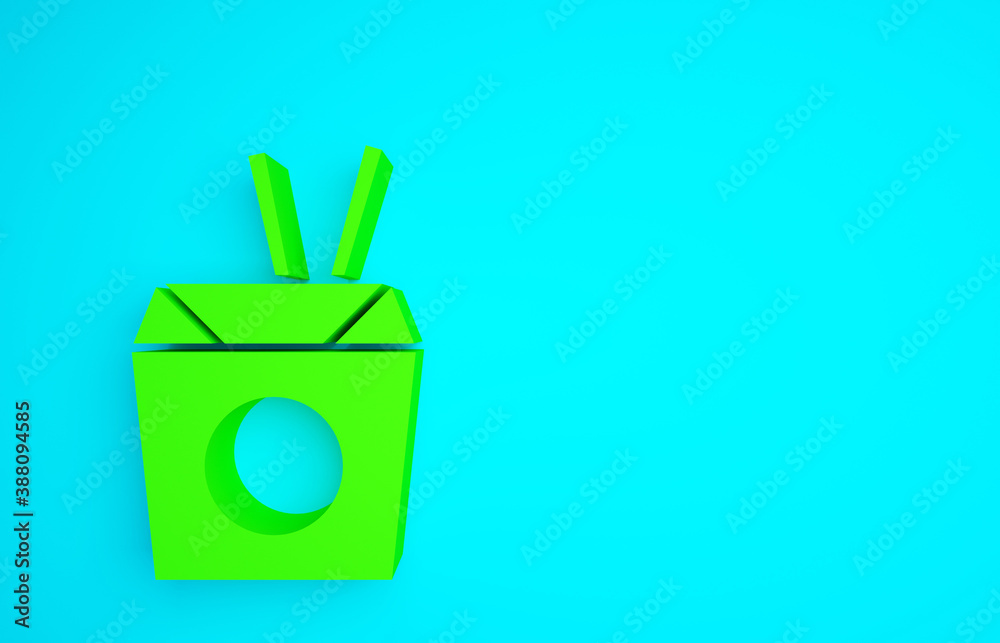 Green Asian noodles in paper box and chopsticks icon isolated on blue background. Street fast food. 