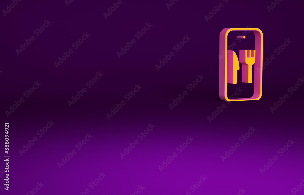 Orange Online ordering and fast food delivery icon isolated on purple background. Burger sign. Minim