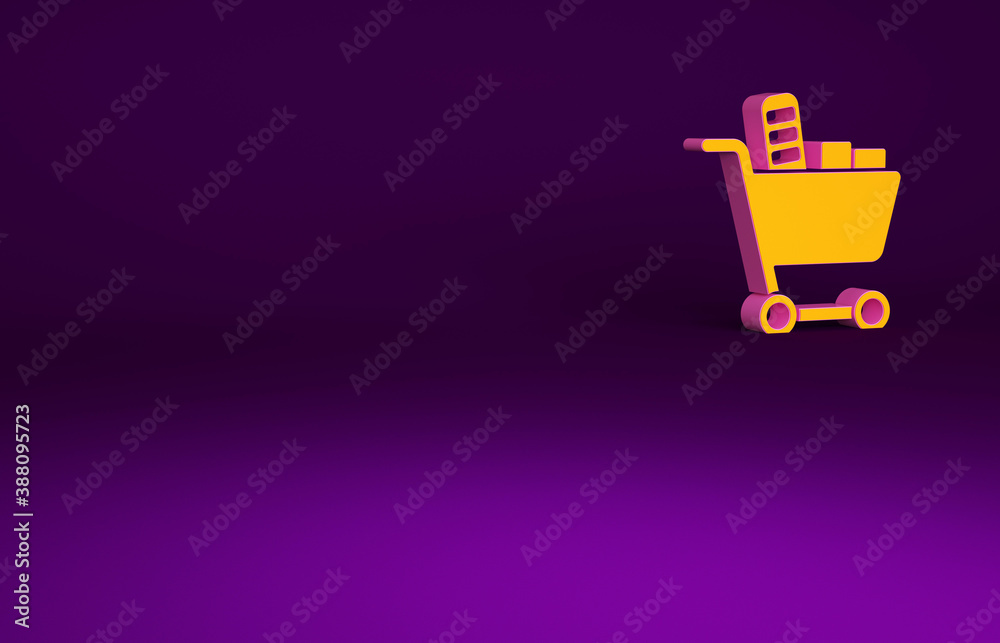 Orange Shopping cart and food icon isolated on purple background. Food store, supermarket. Minimalis