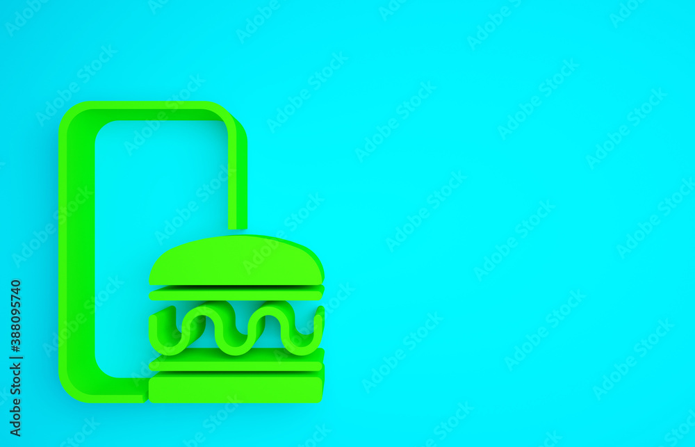 Green Online ordering and fast food delivery icon isolated on blue background. Burger sign. Minimali