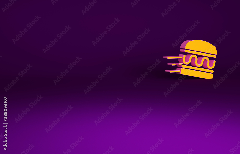 Orange Online ordering and burger delivery icon isolated on purple background. Minimalism concept. 3