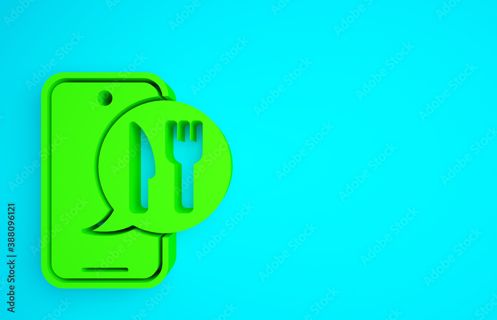 Green Online ordering and fast food delivery icon isolated on blue background. Burger sign. Minimali