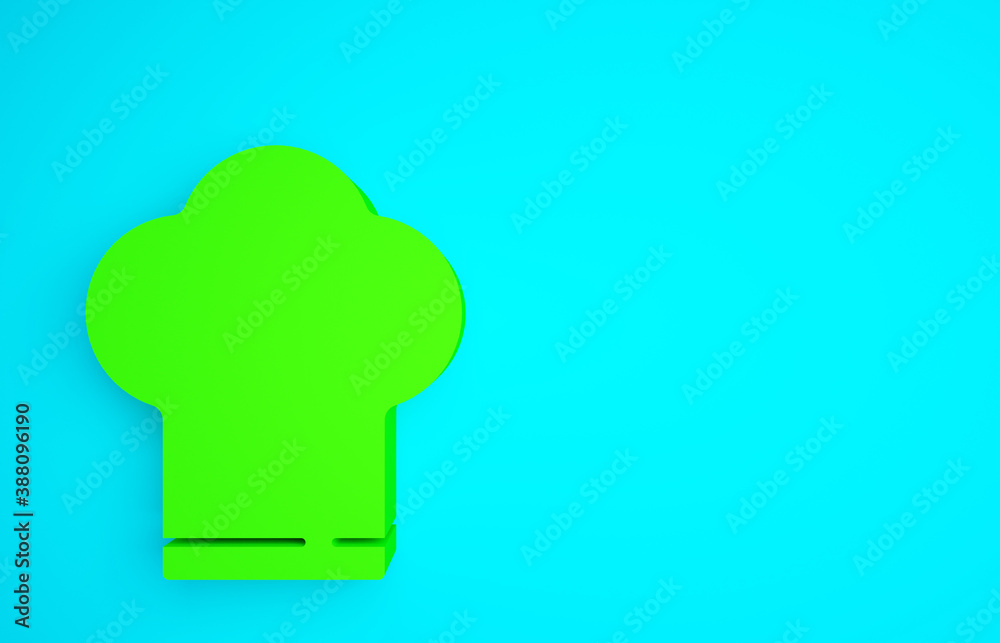 Green Chef hat icon isolated on blue background. Cooking symbol. Cooks hat. Minimalism concept. 3d i