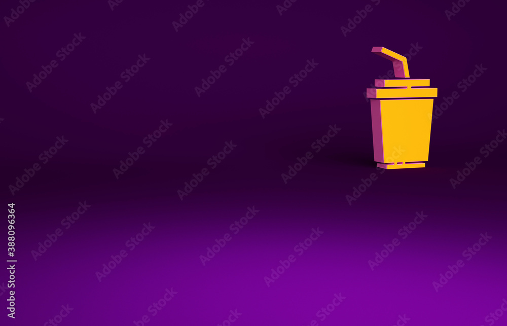 Orange Paper glass with drinking straw and water icon isolated on purple background. Soda drink glas