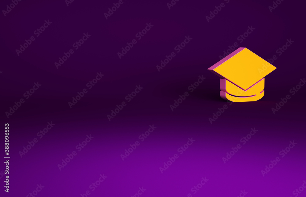 Orange Graduation cap icon isolated on purple background. Graduation hat with tassel icon. Minimalis