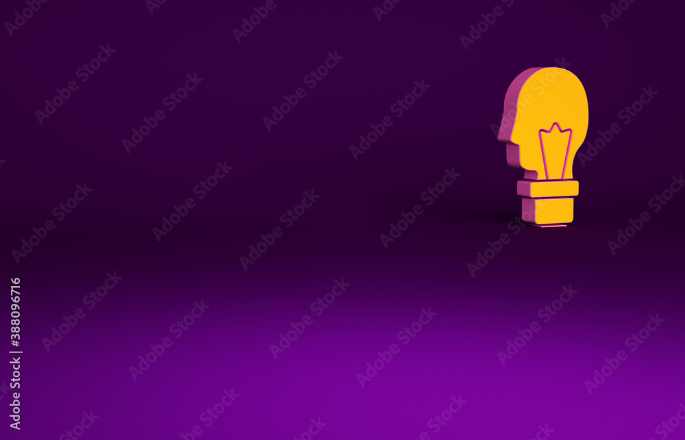 Orange Light bulb with concept of idea icon isolated on purple background. Energy and idea symbol. I