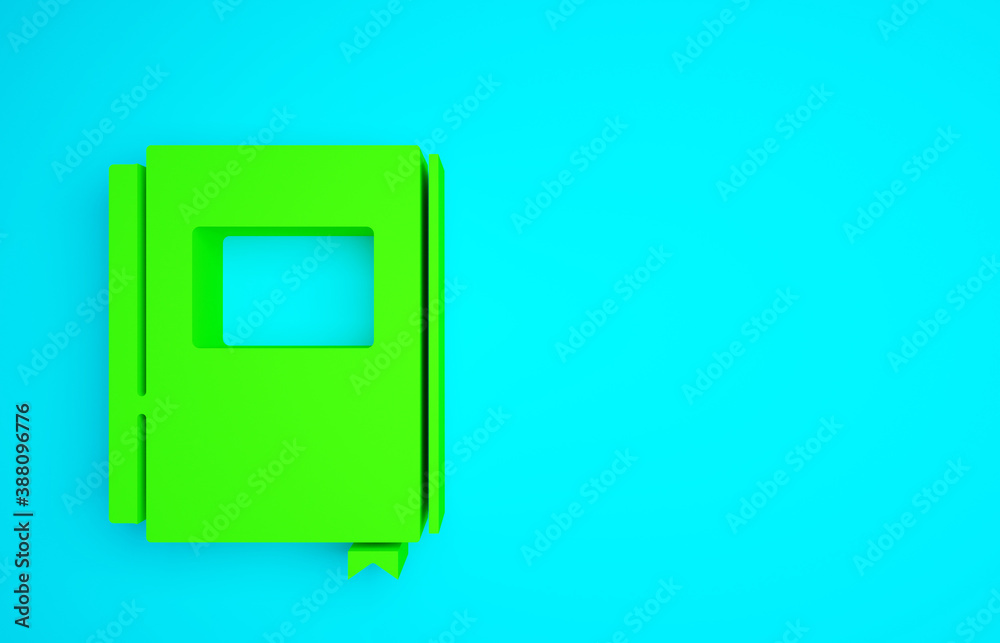 Green Book icon isolated on blue background. Minimalism concept. 3d illustration 3D render.