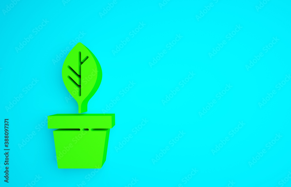 Green Plant in pot icon isolated on blue background. Plant growing in a pot. Potted plant sign. Mini