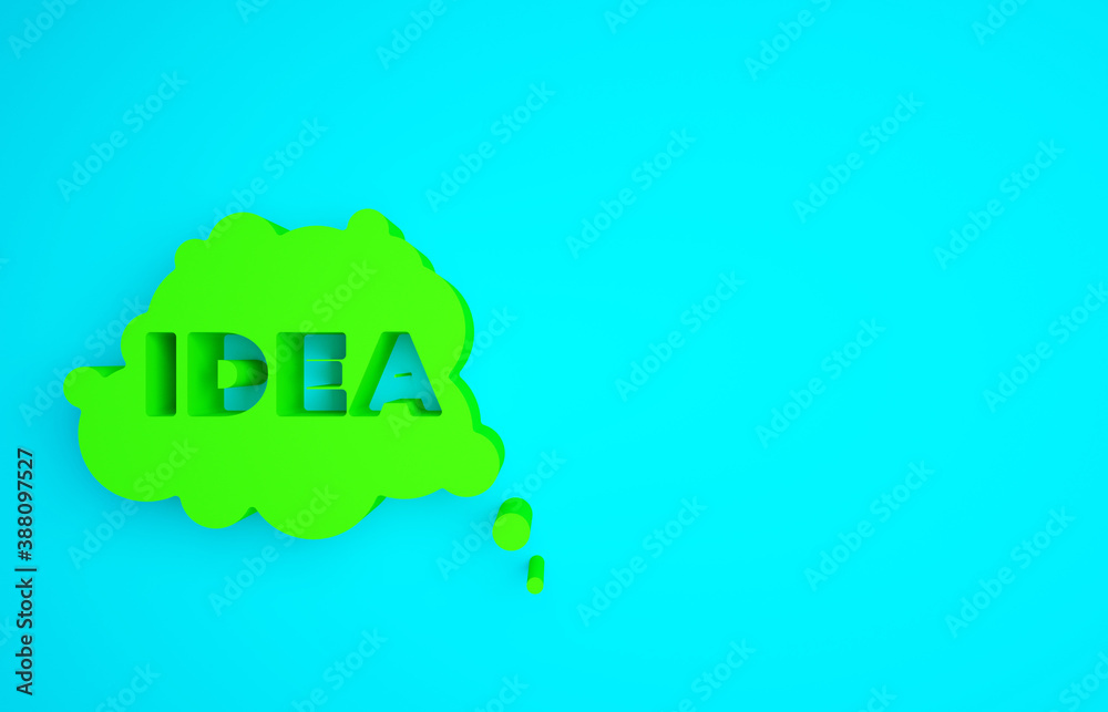 Green Idea, speech bubble icon isolated on blue background. Message speech bubble idea with cloud ta