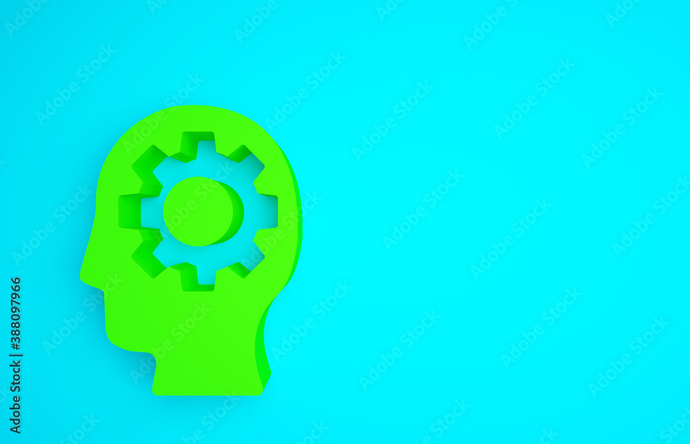 Green Human head with gear inside icon isolated on blue background. Artificial intelligence. Thinkin