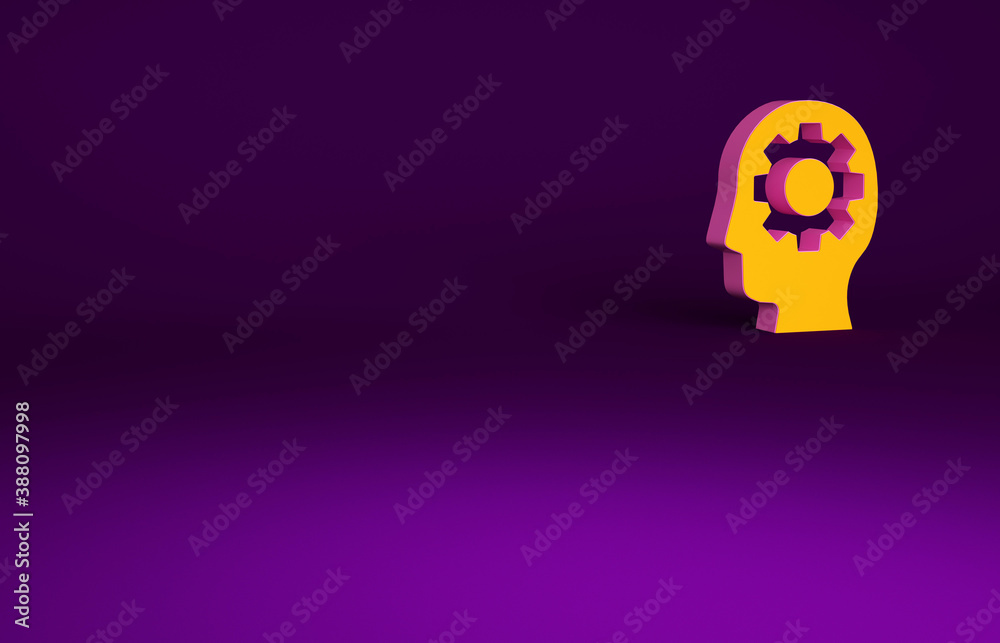 Orange Human head with gear inside icon isolated on purple background. Artificial intelligence. Thin