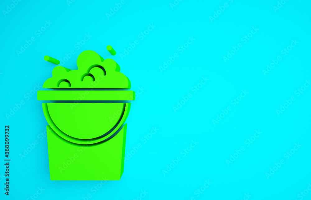 Green Bucket with soap suds icon isolated on blue background. Bowl with water. Washing clothes, clea