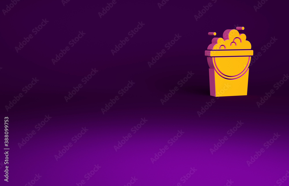 Orange Bucket with soap suds icon isolated on purple background. Bowl with water. Washing clothes, c