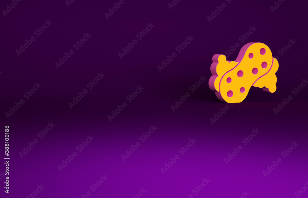 Orange Sponge with bubbles icon isolated on purple background. Wisp of bast for washing dishes. Clea