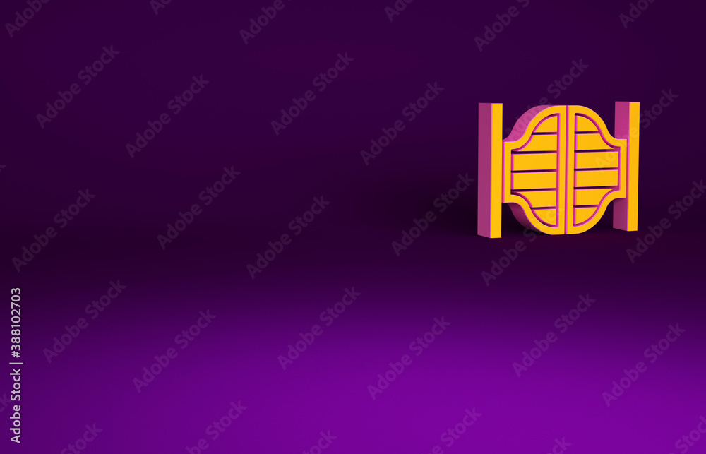 Orange Old western swinging saloon door icon isolated on purple background. Minimalism concept. 3d i