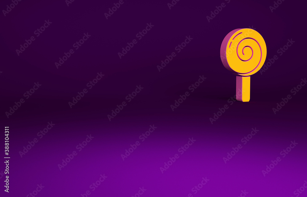 Orange Lollipop icon isolated on purple background. Food, delicious symbol. Minimalism concept. 3d i