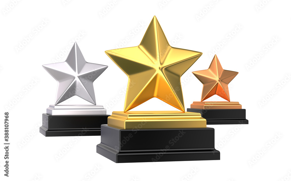 Three place stars trophy award isolated on white background. 3d illustration 3D render