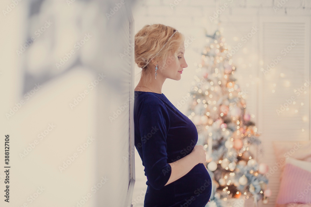 Pregnant beautiful stylish woman celebrate christmas hugs tummy. Graceful stylish pregnancy. New Yea