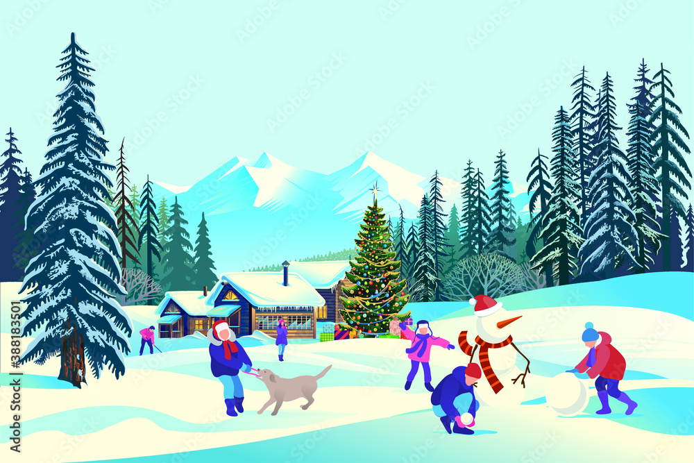 vector of children playing in front of houses in village with mountains and pine trees