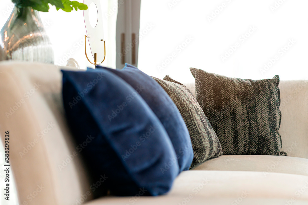 contemporary interior of Living room with part of sofa in sunny day and white curtain interior backg