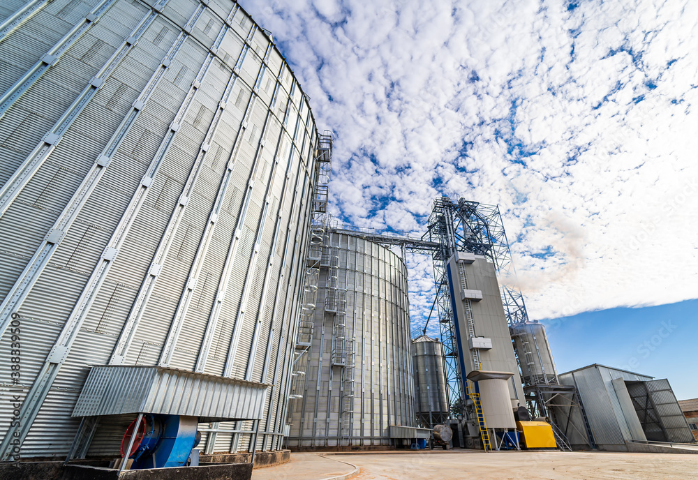 A metal grain facility with silos. Agricultural plant in rural zone. Modern steel equipment.