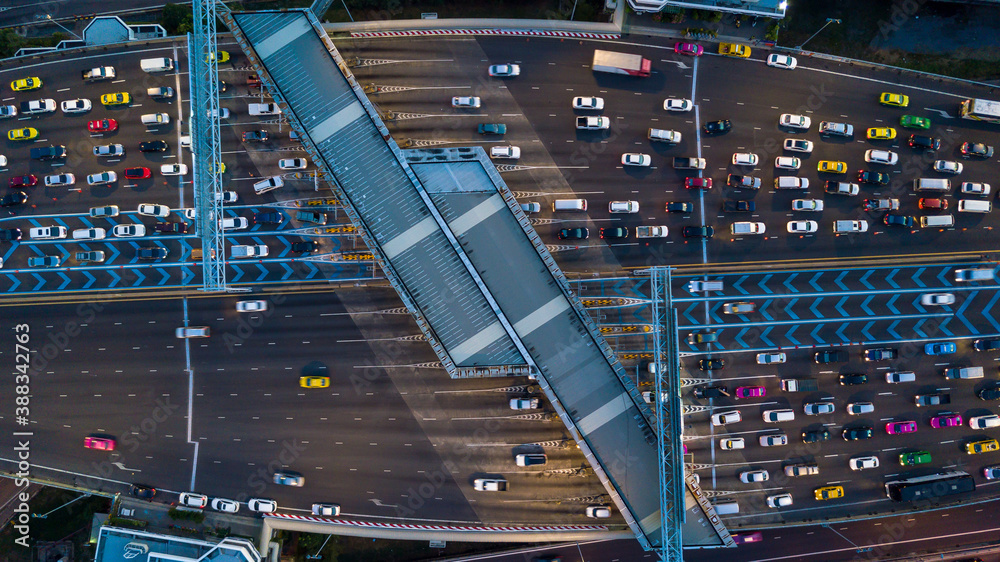 Aerial view traffic jam in city, Rush hour traffic jam in metropolis city.