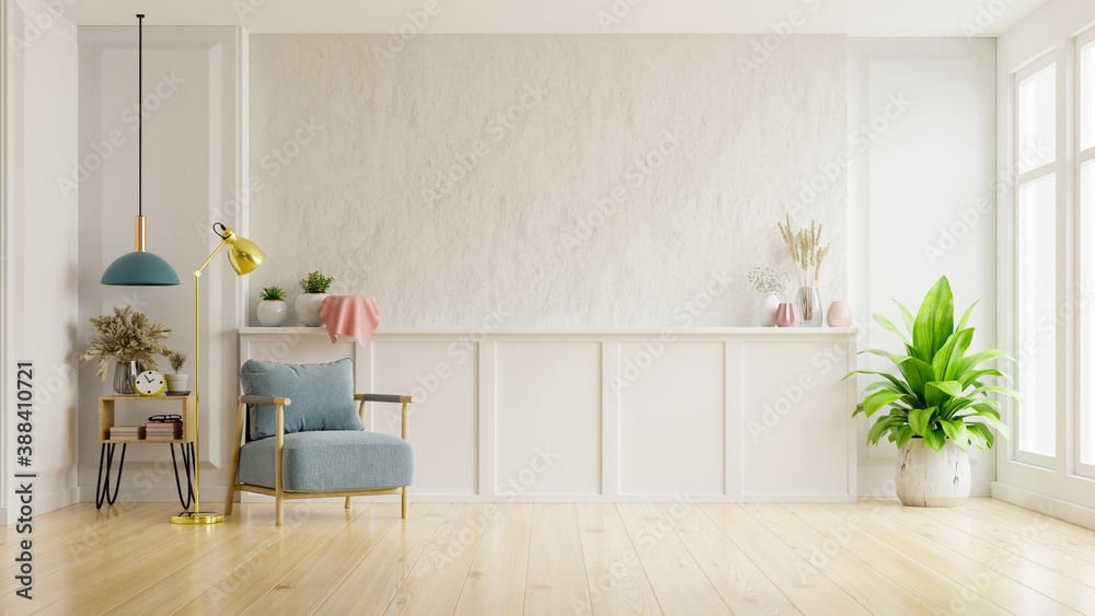 White plaster wall living room have armchair and decoration.