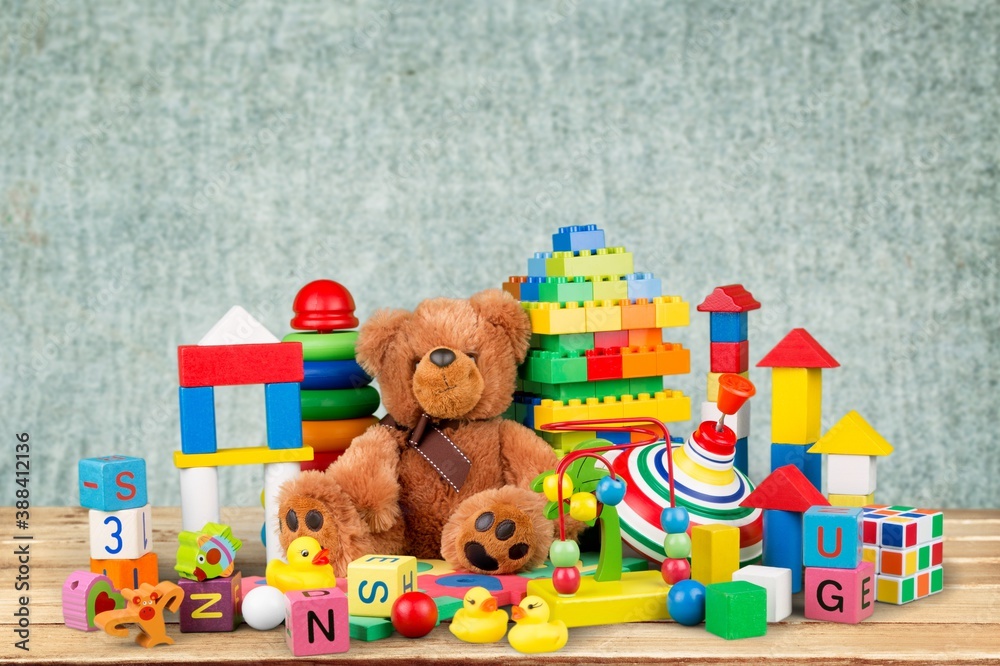 Many colorful toys collection on the desk