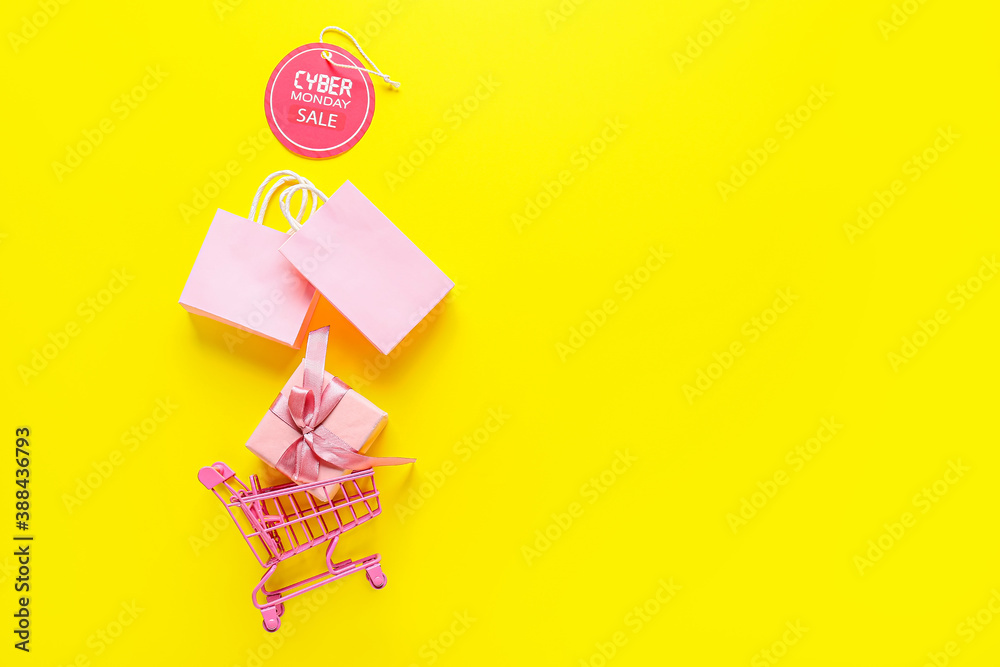 Shopping cart with bags, gift box and tag with text CYBER MONDAY SALE on color background